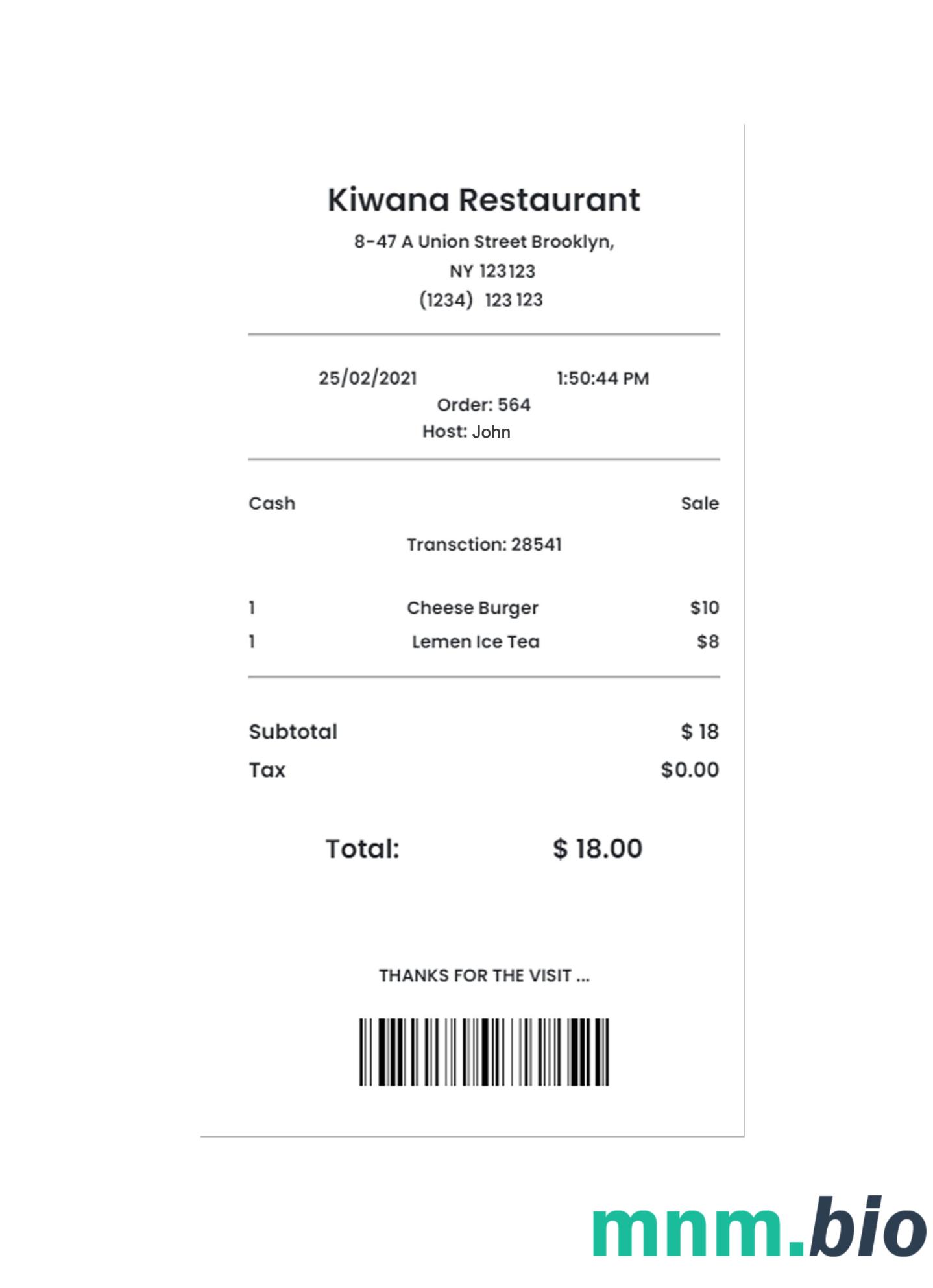 Kiwana Restaurant przykładowy czek płatniczy PSD